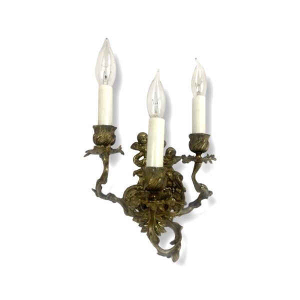 VL1032 Vintage c1940s Gilt Bronze Hollywood Regency 3 Light Candle Sconce Cherubs