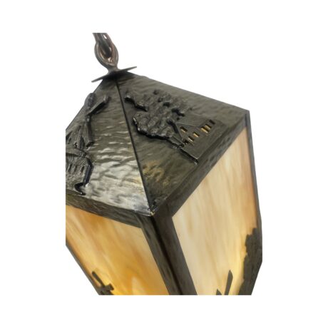 VL1109 Antique c1915 Craftsman Lantern Pendant Windmills Slag Glass Restored - Image 5