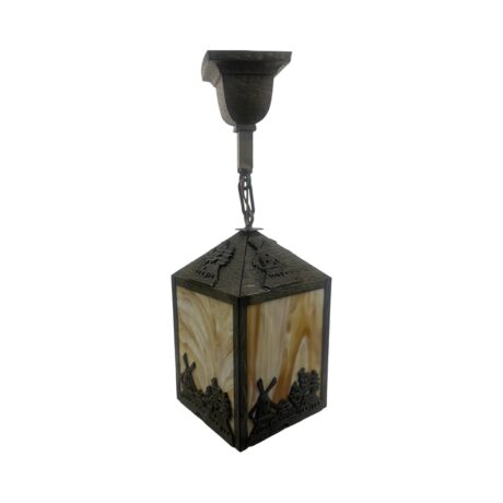 VL1109 Antique c1915 Craftsman Lantern Pendant Windmills Slag Glass Restored - Image 2