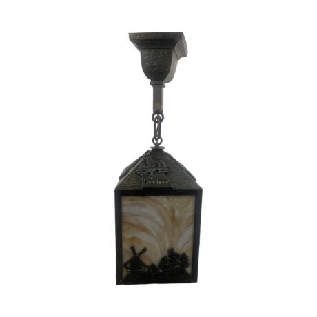 VL1109 Antique c1915 Craftsman Lantern Pendant Windmills Slag Glass Restored - Image 4