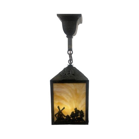 VL1109 Antique c1915 Craftsman Lantern Pendant Windmills Slag Glass Restored - Image 3