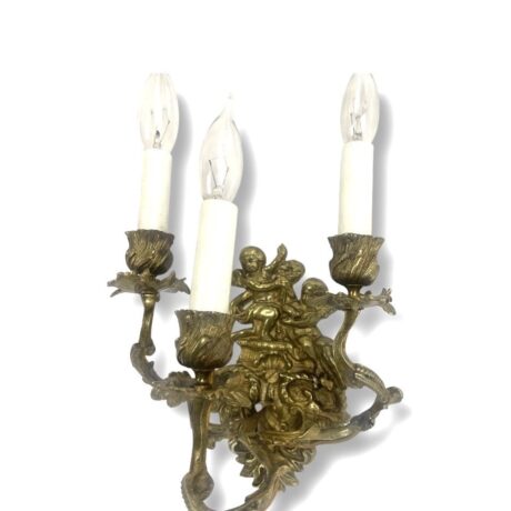 VL1032 Vintage c1940s Gilt Bronze Hollywood Regency 3 Light Candle Sconce Cherubs - Image 2