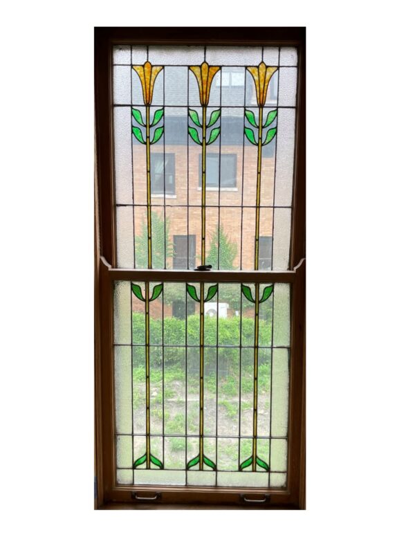 AG1047 Pair Antique c1905 Craftsman Chicago Residential Windows Tulip Pattern