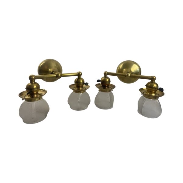 VL1087 Pair Antique Brass c1920 Double Arm Sconces Textured Shades Restored