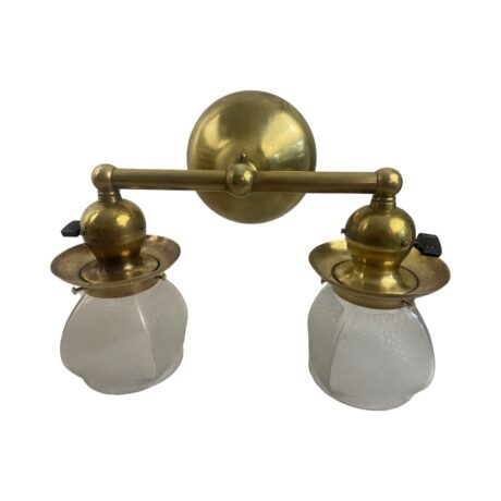 VL1087 Pair Antique Brass c1920 Double Arm Sconces Textured Shades Restored - Image 3