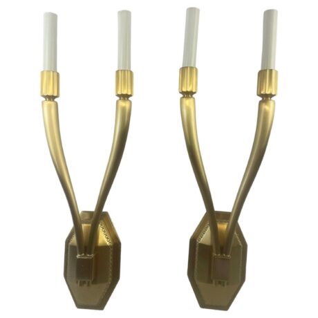 CL1007 Pair Brushed Brass Contemporary New Metal Crafts 2-Arm Sconces Linen Shades 2006 - Image 2