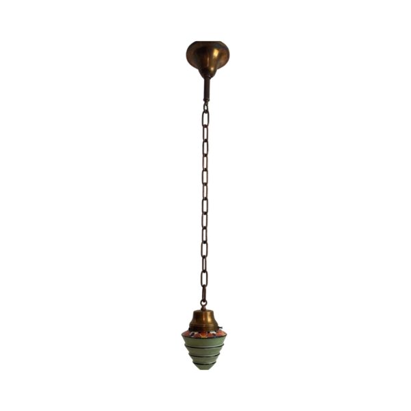 VL1071 Antique Copper Pendant Hand Painted Art Deco Stepped Shade c1920 Restored