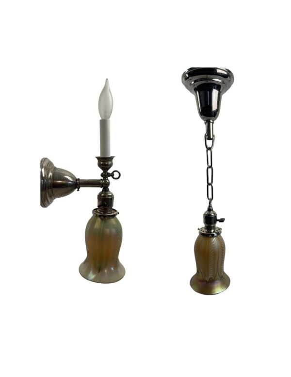 VL1080 Antique Nickel Gas Electric Sconce & Pendant Art Glass Shades Restored