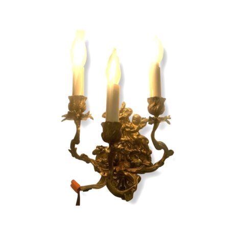 VL1032 Vintage c1940s Gilt Bronze Hollywood Regency 3 Light Candle Sconce Cherubs - Image 3
