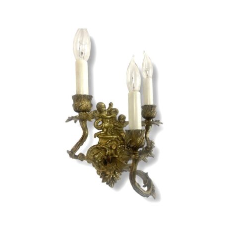 VL1032 Vintage c1940s Gilt Bronze Hollywood Regency 3 Light Candle Sconce Cherubs - Image 4