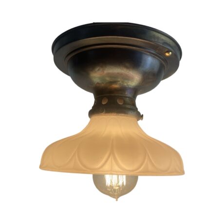 VL1134 Antique c1910 Brass Semi-Flush Mount Light 7 in Sheffield Shade Restored - Image 2