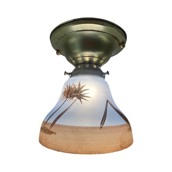 VL1147 Antique 1915 Brass Ceiling Light Hand Painted Tropical Palm Tree Restored