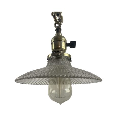 VL1152 Antique Craftsman c1905 Nickel Plated Pendant Holophane Pagoda Shade - Image 2