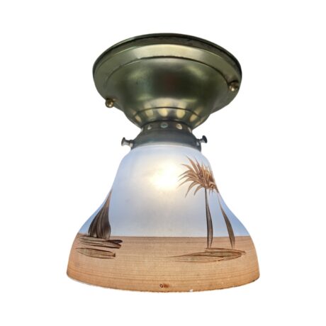 VL1147 Antique 1915 Brass Ceiling Light Hand Painted Tropical Palm Tree Restored - Image 3
