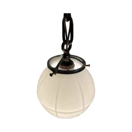 VL1180 Antique c1905 Brass Pendant Embossed Milk Glass Globe Shade Restored - Image 4