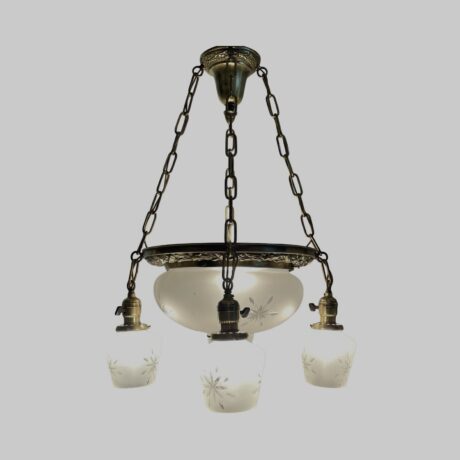 VL1176 Antique c1912 Brass Bowl Chandelier 5 Light Starburst Shades Restored - Image 3