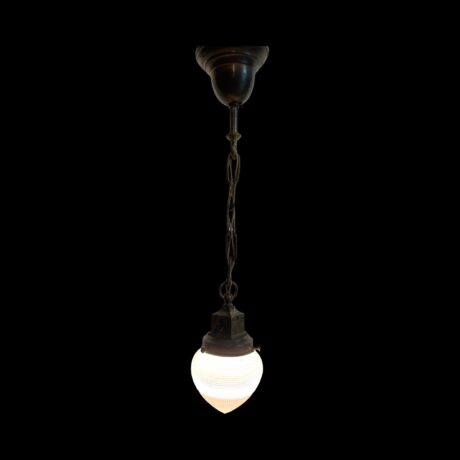 VL1181 Antique c1910 Brass Pendant Holophane Waffle Glass Dental Stalagmite Shade Restored - Image 4