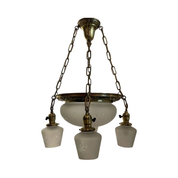 VL1176 Antique c1912 Brass Bowl Chandelier 5 Light Starburst Shades Restored
