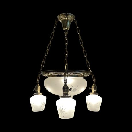 VL1176 Antique c1912 Brass Bowl Chandelier 5 Light Starburst Shades Restored - Image 2