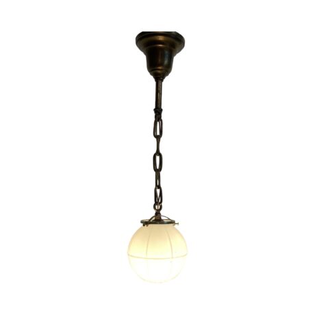 VL1180 Antique c1905 Brass Pendant Embossed Milk Glass Globe Shade Restored - Image 2