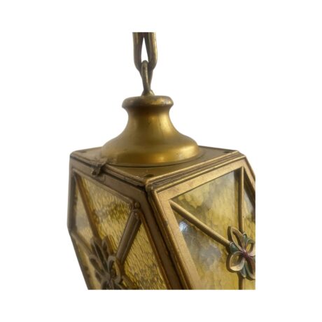 VL1213 Antique c1920 Brass Amber Glass Pendant Lantern Polychrome Restored - Image 5