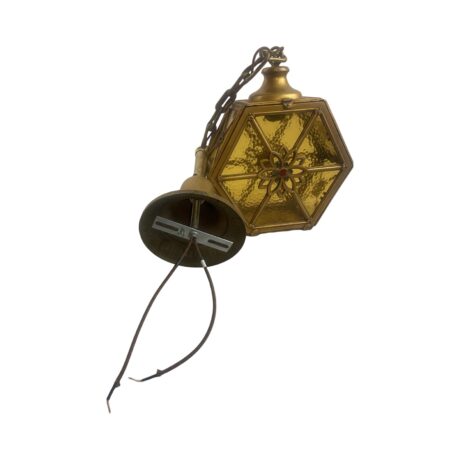 VL1213 Antique c1920 Brass Amber Glass Pendant Lantern Polychrome Restored - Image 10