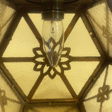 VL1213 Antique c1920 Brass Amber Glass Pendant Lantern Polychrome Restored - Image 9