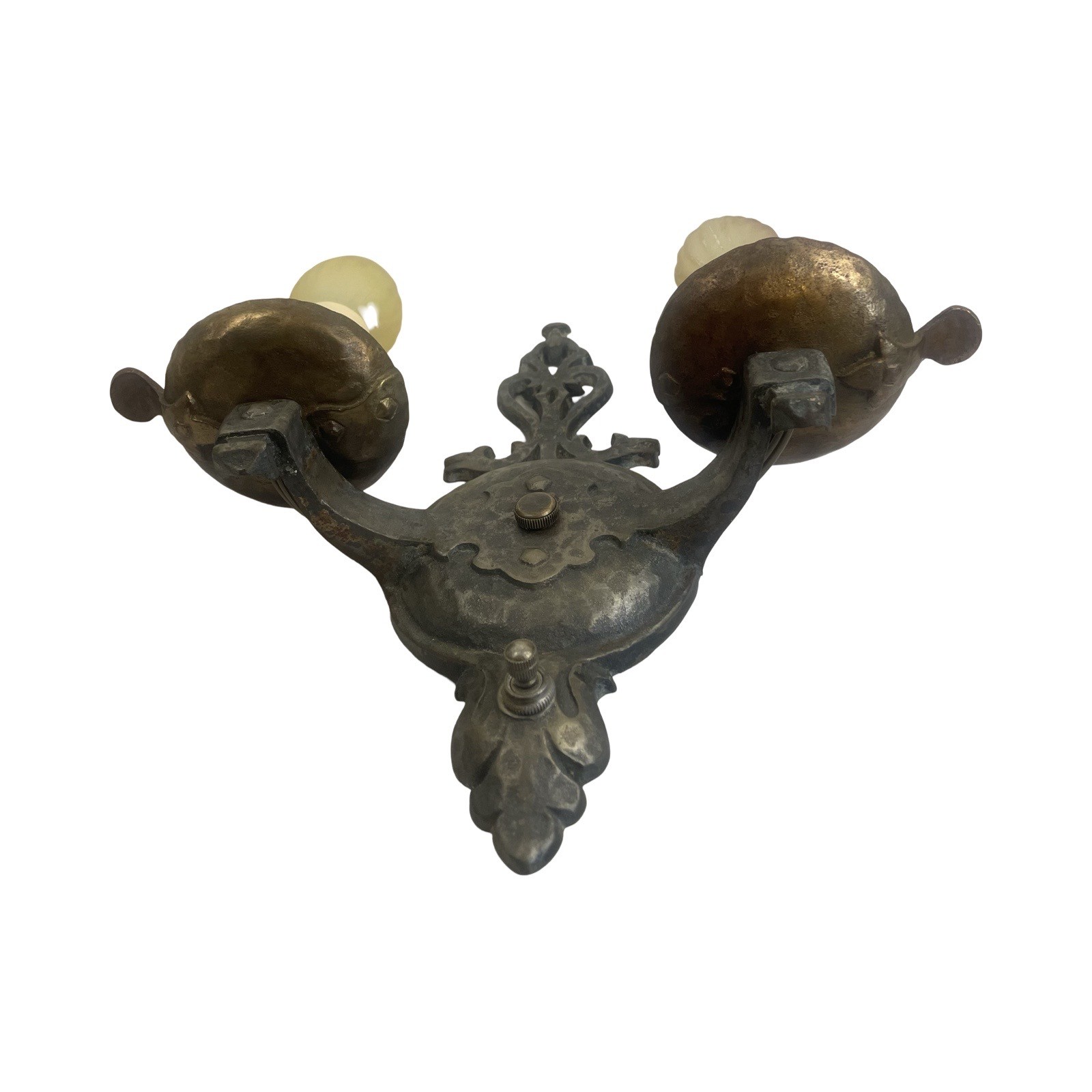 VL1218 Vintage c1930 JC Virden Hammered Cast Iron Dogs Head Double Sconce Restored - Image 3