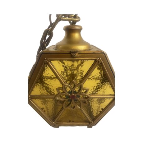VL1213 Antique c1920 Brass Amber Glass Pendant Lantern Polychrome Restored - Image 4
