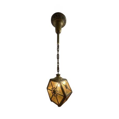 VL1213 Antique c1920 Brass Amber Glass Pendant Lantern Polychrome Restored - Image 2