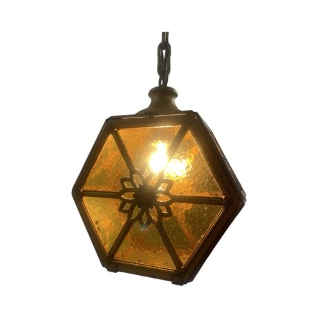 VL1213 Antique c1920 Brass Amber Glass Pendant Lantern Polychrome Restored - Image 3