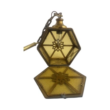 VL1213 Antique c1920 Brass Amber Glass Pendant Lantern Polychrome Restored - Image 6
