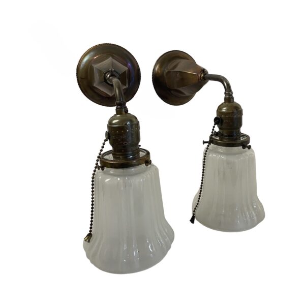 VL1225 Pair c1905 Antique Brass Sconces Etched Period Sheffield Shades Restored