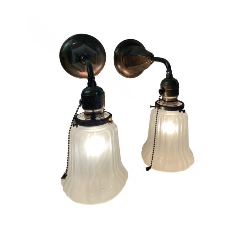 VL1225 Pair c1905 Antique Brass Sconces Etched Period Sheffield Shades Restored - Image 2