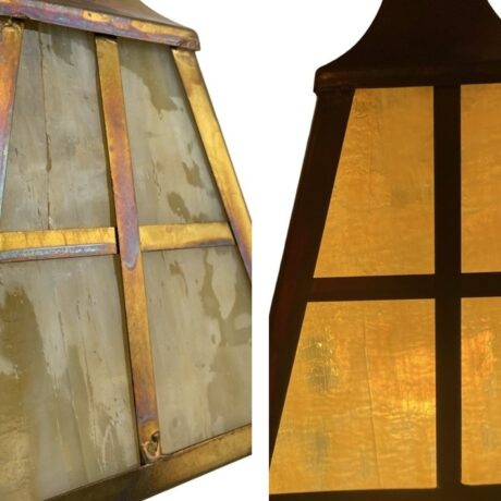 VL1231 Antique c1910 Brass Craftsman Lantern Pendant Slag Glass Shade Restored - Image 6