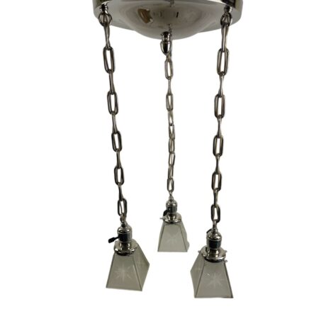 VL1229 Antique Craftsman c1910 3-Light Nickel Pan Fixture Period Shades Restored - Image 2