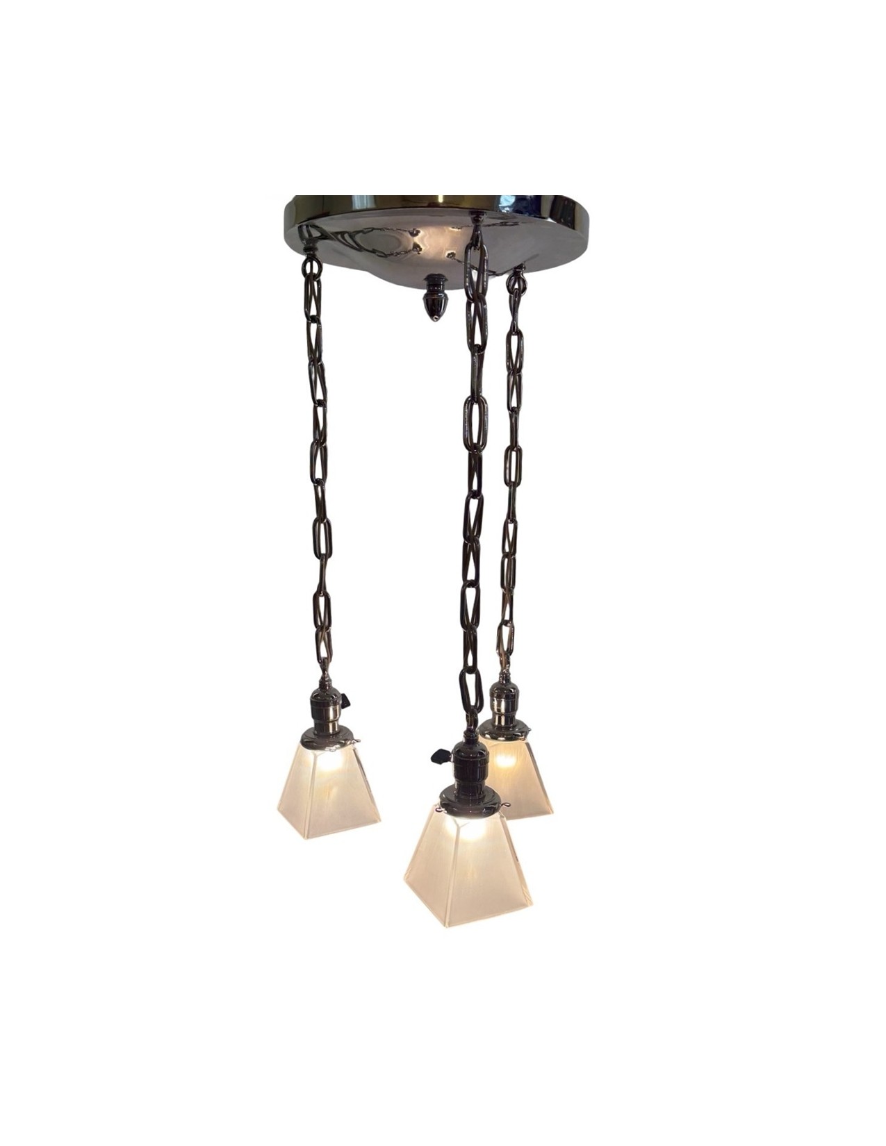 VL1229 Antique Craftsman c1910 3-Light Nickel Pan Fixture Period Shades Restored