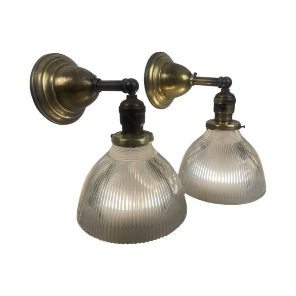 VL1230 Pair Antique Craftsman Brass Sconces c1916 Holophane Shades Restored