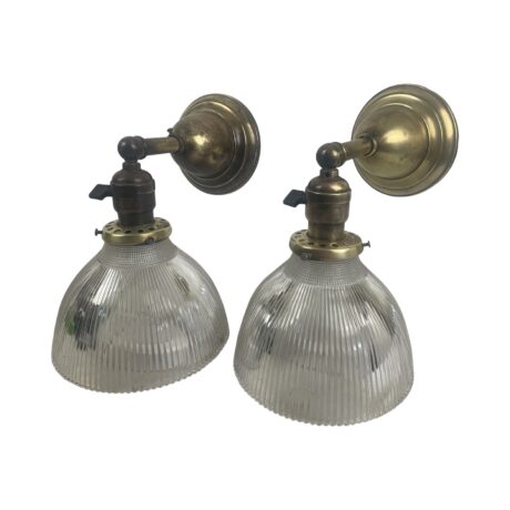 VL1230 Pair Antique Craftsman Brass Sconces c1916 Holophane Shades Restored - Image 5