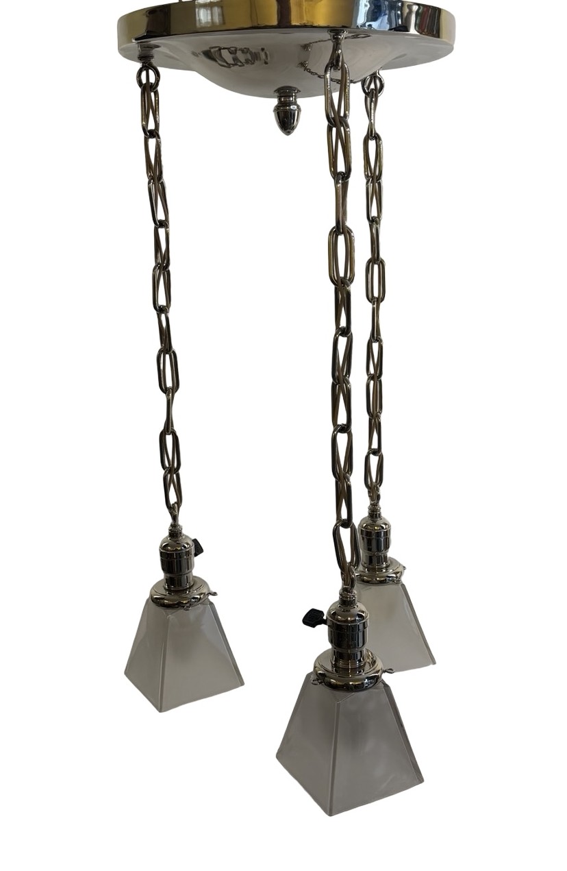 VL1229 Antique Craftsman c1910 3-Light Nickel Pan Fixture Period Shades Restored - Image 2