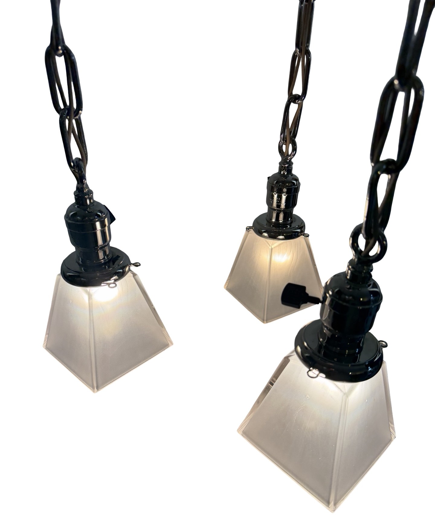 VL1229 Antique Craftsman c1910 3-Light Nickel Pan Fixture Period Shades Restored - Image 3