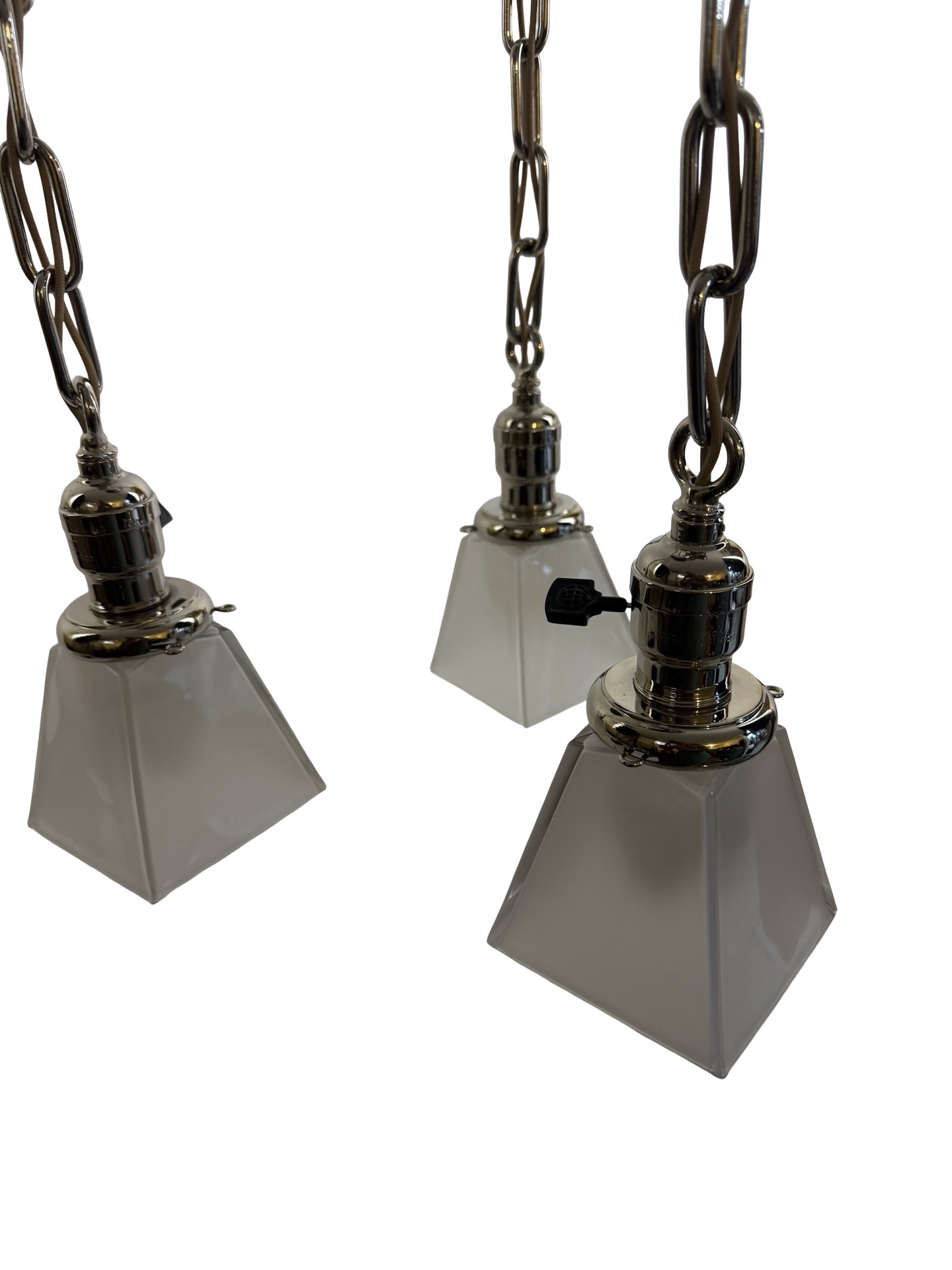 VL1229 Antique Craftsman c1910 3-Light Nickel Pan Fixture Period Shades Restored - Image 4
