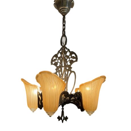 VL1237 Antique Art Deco c1930 Gross Slip Shade Chandelier Normandy Restored