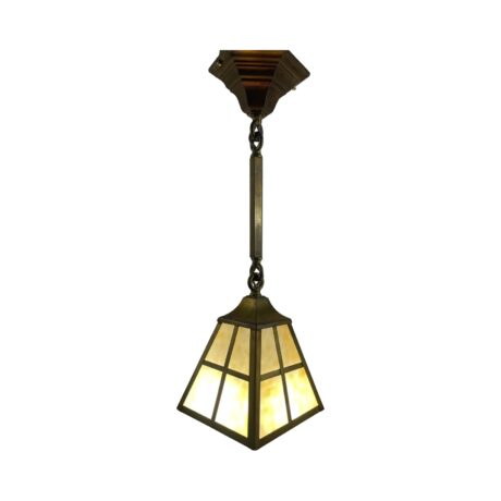 VL1231 Antique c1910 Brass Craftsman Lantern Pendant Slag Glass Shade Restored - Image 2