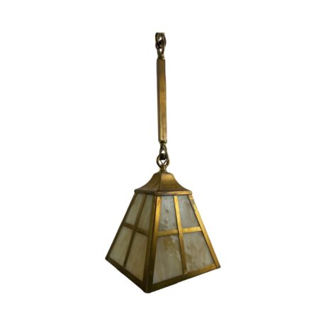 VL1231 Antique c1910 Brass Craftsman Lantern Pendant Slag Glass Shade Restored - Image 4