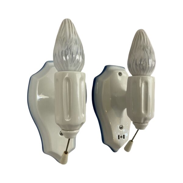 VL1245 Pair Antique c1920 Sconces Franklin Vitrified Pottery White Blue Restored