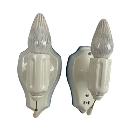 VL1245 Pair Antique c1920 Sconces Franklin Vitrified Pottery White Blue Restored - Image 2