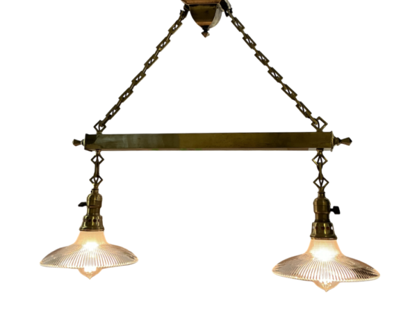 VL1266 Antique c1905 Brass 2 Light Pendant Chandelier Holophane Shades Restored