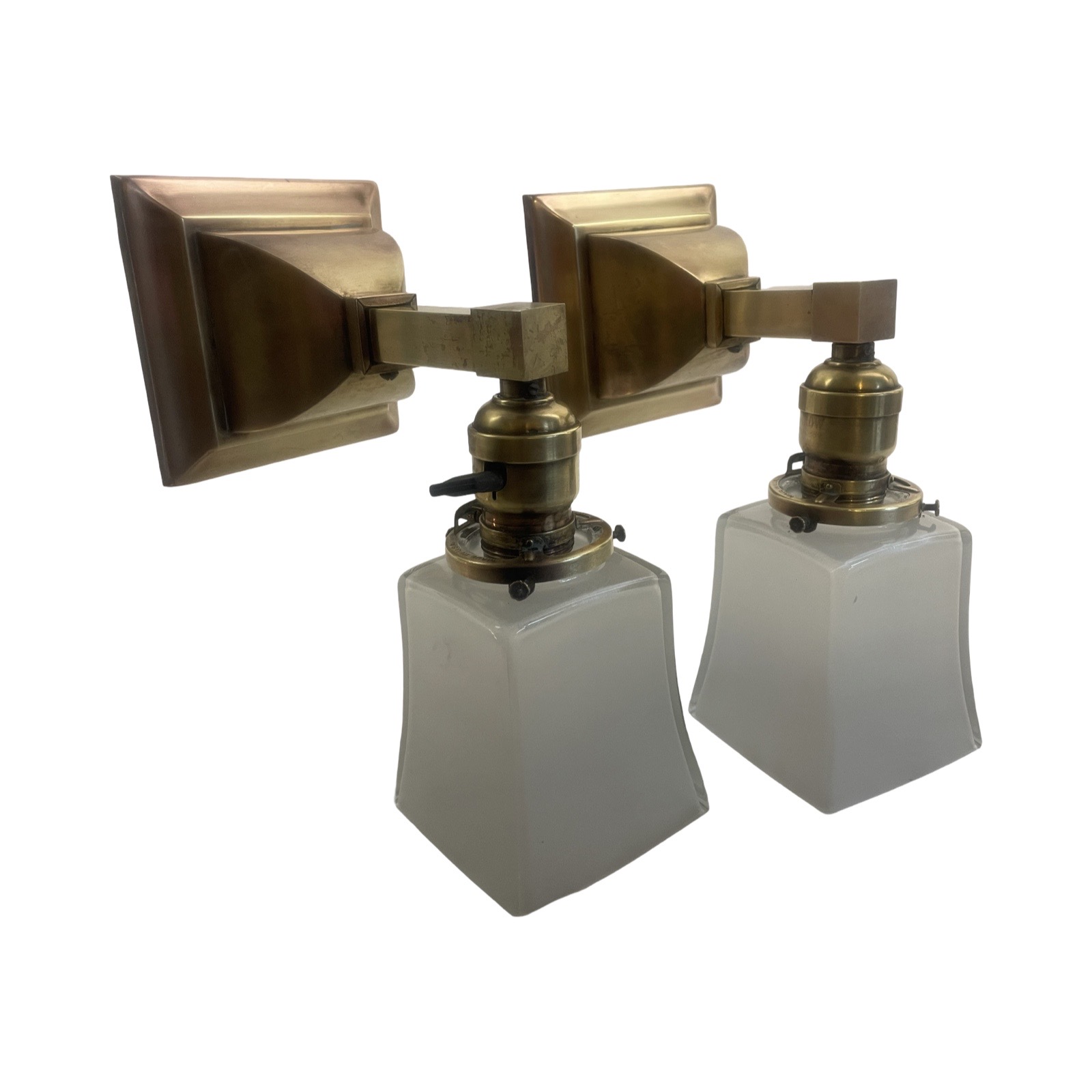 VL1256 Pair Antique c1905 Craftsman Brass Sconces Jefferson Shades Restored