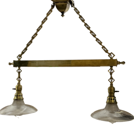 VL1266 Antique c1905 Brass 2 Light Pendant Chandelier Holophane Shades Restored - Image 2